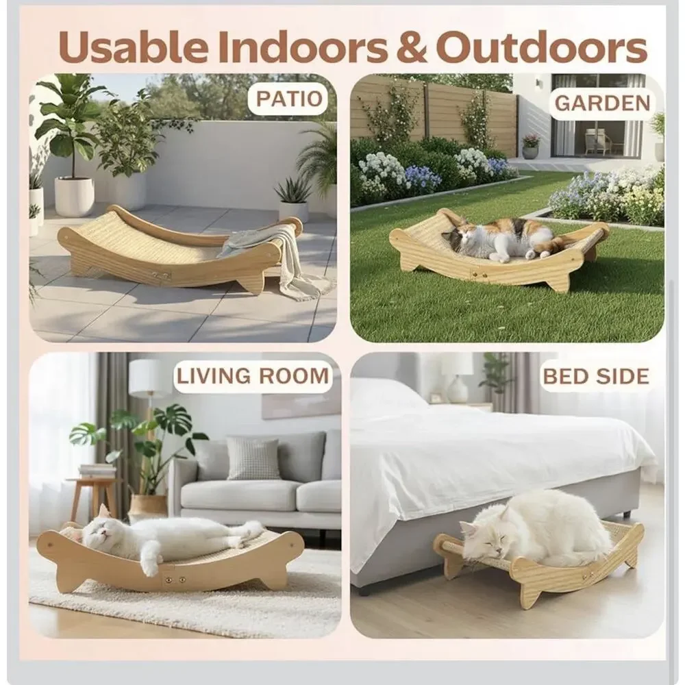 Natural Cat Scratcher Bed Indoor Scratching‎ Post Hammock Lounge Oak Frame 24
